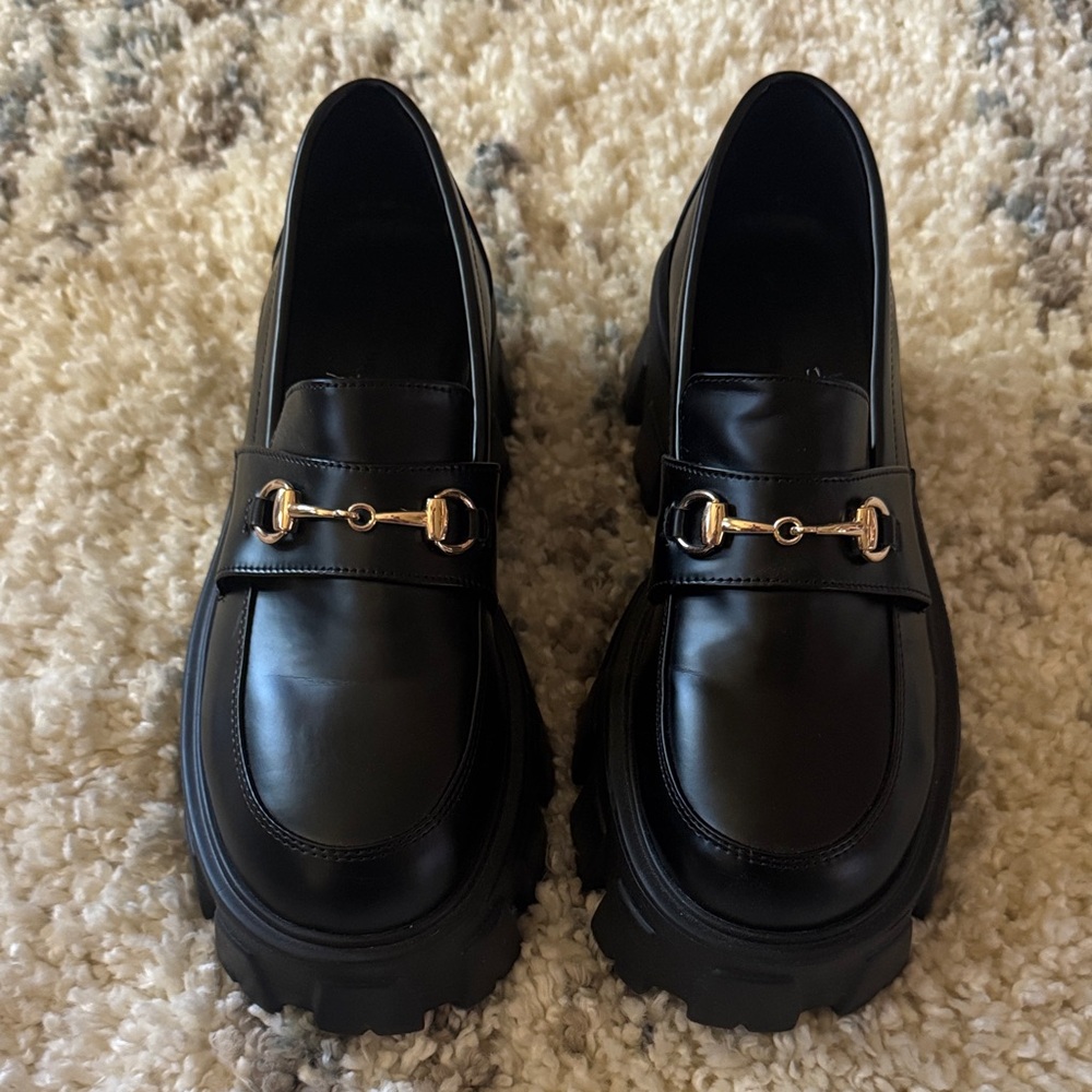 Never Worn Chunky Black Loafers with Gold Detail